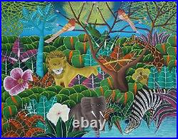 LESLY PIERRE-Haitian Artist-Large Original Signed Oil-Animals & Jungle