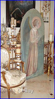 LIFE SIZE FRENCH ANTIQUE OIL on CANVAS PAINTING ANGEL PINKS BLUES ARCHED FRAME