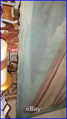 LIFE SIZE FRENCH ANTIQUE OIL on CANVAS PAINTING ANGEL PINKS BLUES ARCHED FRAME