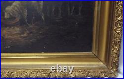 Large Antique 16 x 20 FLOCK OF SHEEP in Barn Stable OIL PAINTING Framed