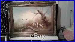 Large Antique Original Oil On Canvas Dogs Hunting Birds Signed Johnson