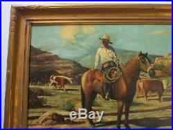 Large Fine Western Cowboy Painting Antique Farm Early California Landscape