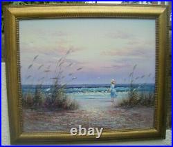 Large Framed Impressionist Canvas Oil Painting GIRL ON BEACH Signed P. Watkins
