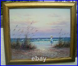 Large Framed Impressionist Canvas Oil Painting GIRL ON BEACH Signed P. Watkins