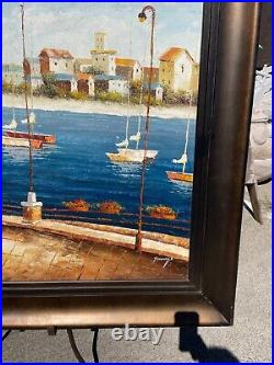 Large Oil on Canvas Painting River Scene with Boats, Signed and Framed