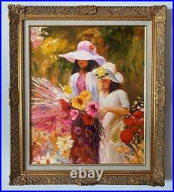 Large Original Impressionist Oil Painting Women in Flower Garden Gold Frame