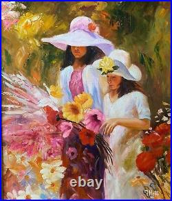 Large Original Impressionist Oil Painting Women in Flower Garden Gold Frame