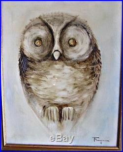 Large Original Ozz Franca Owl Oil Painting on Canvas, Framed Under Glass