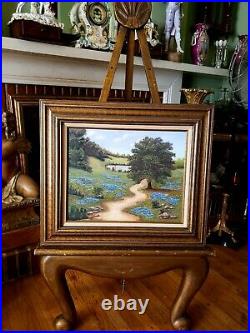 Large Vintage Oil Painting-Bluebonnets-Country Landscape