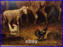 Late 1800s Feeding Sheep Birds Farm Barn Animals Oil Painting Antique Estate Art