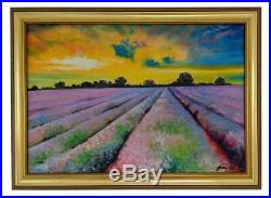 Lavender Sunset Original Oil Painting On Canvas Framed Landscape Field Sky Sun