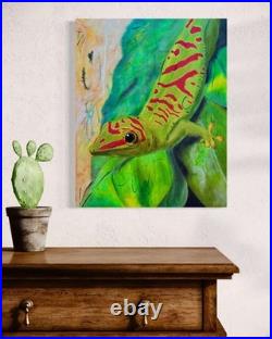 Lizard Anole Art Original Mixed Media Painting on Canvas 16x20 Home Decor