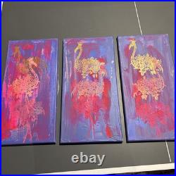 Lot of 3 Alisa Sizykh Hand Painted Flamingo Paintings 1/1 Original Art On Canvas