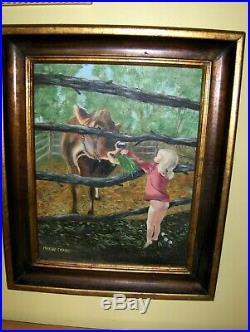 Lovely Farm Girl Feeding a Cow VINTAGE ORIGINAL Signed Oil on Canvas Painting