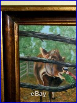 Lovely Farm Girl Feeding a Cow VINTAGE ORIGINAL Signed Oil on Canvas Painting