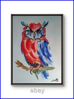 MULTICOLOUR OWL 12x16 ABSTRACT EXPRESSIONIST ORIGINAL PAINTING CANVAS WALL ART