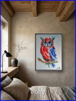 MULTICOLOUR OWL 12x16 ABSTRACT EXPRESSIONIST ORIGINAL PAINTING CANVAS WALL ART