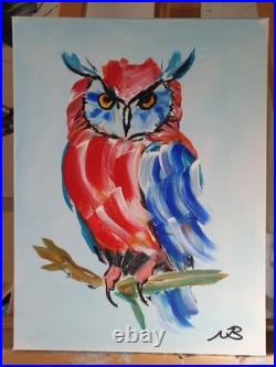 MULTICOLOUR OWL 12x16 ABSTRACT EXPRESSIONIST ORIGINAL PAINTING CANVAS WALL ART