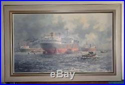 Marinus de Jongere Original Painting Oil on Canvas, Ships at Rotterdam Port