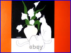 Maruschka Two white Cats Calla Flowers Vase dark room screen print white black