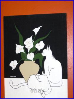 Maruschka Two white Cats Calla Flowers Vase dark room screen print white black