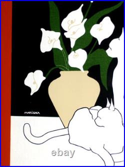 Maruschka Two white Cats Calla Flowers Vase dark room screen print white black