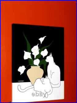 Maruschka Two white Cats Calla Flowers Vase dark room screen print white black