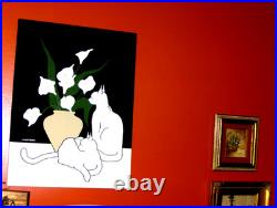 Maruschka Two white Cats Calla Flowers Vase dark room screen print white black