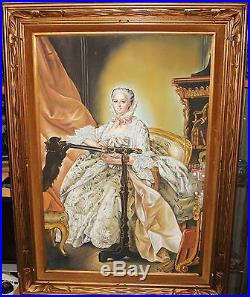 Mass Old Original Oil On Canvas Renaissance Style Woman & Dog Painting Framed