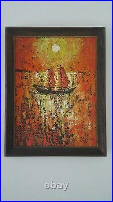 Mid Century Modern Vtg Impressionist Textured Brutalist Sailboat Painting Art