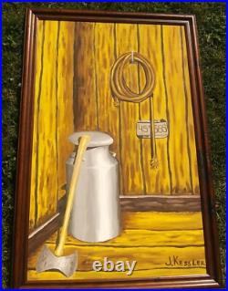 Mid Century Original Large Oil Painting Barn Milk Jug Axe Folk Art by J. Kessler