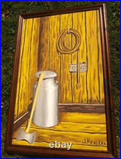 Mid Century Original Large Oil Painting Barn Milk Jug Axe Folk Art by J. Kessler