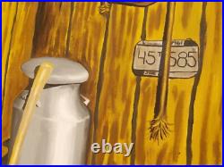 Mid Century Original Large Oil Painting Barn Milk Jug Axe Folk Art by J. Kessler