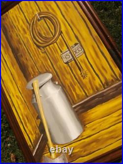 Mid Century Original Large Oil Painting Barn Milk Jug Axe Folk Art by J. Kessler