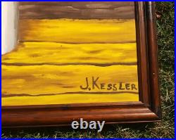 Mid Century Original Large Oil Painting Barn Milk Jug Axe Folk Art by J. Kessler