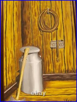 Mid Century Original Large Oil Painting Barn Milk Jug Axe Folk Art by J. Kessler