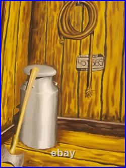 Mid Century Original Large Oil Painting Barn Milk Jug Axe Folk Art by J. Kessler