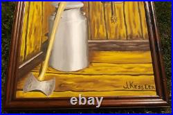 Mid Century Original Large Oil Painting Barn Milk Jug Axe Folk Art by J. Kessler