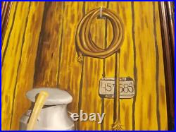 Mid Century Original Large Oil Painting Barn Milk Jug Axe Folk Art by J. Kessler