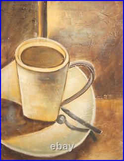 Modernist oil painting still life with coffee cup signed