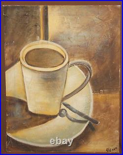 Modernist oil painting still life with coffee cup signed