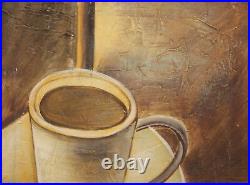 Modernist oil painting still life with coffee cup signed