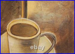 Modernist oil painting still life with coffee cup signed