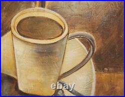 Modernist oil painting still life with coffee cup signed