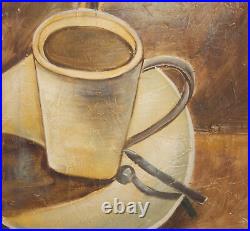 Modernist oil painting still life with coffee cup signed