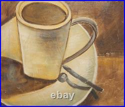 Modernist oil painting still life with coffee cup signed