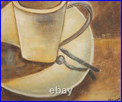 Modernist oil painting still life with coffee cup signed