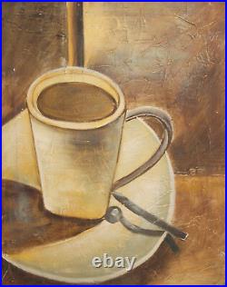 Modernist oil painting still life with coffee cup signed