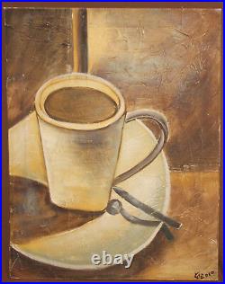 Modernist oil painting still life with coffee cup signed