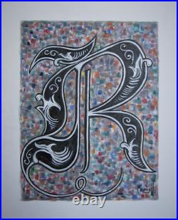 Monogram Old English THE LETTER R 16x20 canvas original Art Painting by Crowell